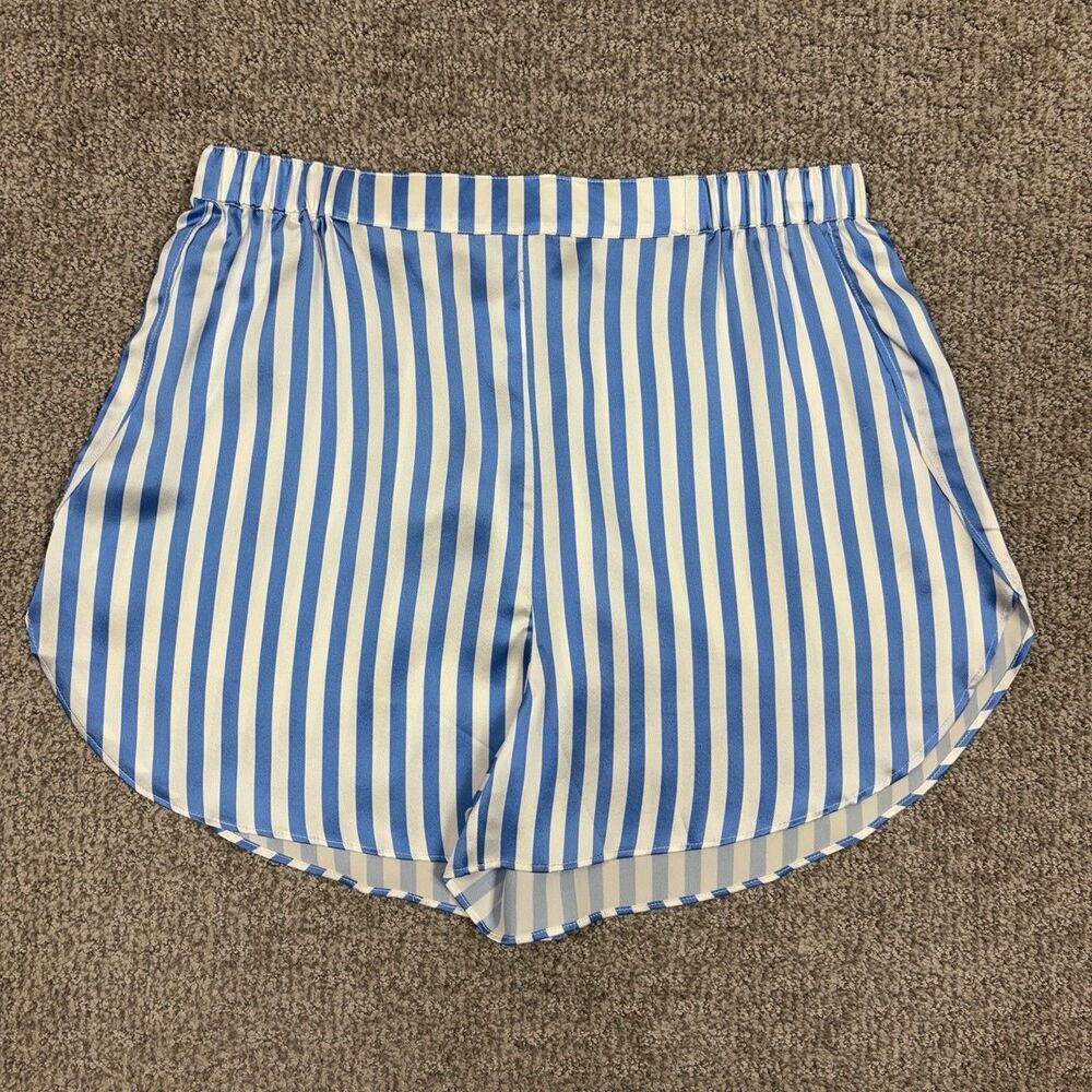 Petite Plume Sleep Shorts Womens Large Blue Stripe Silk Pajama Lounge Summer